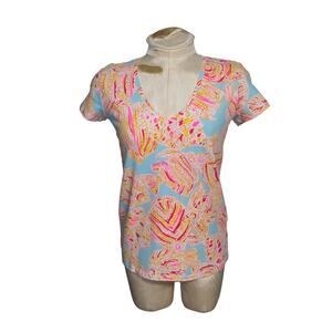 Lilly Pulitzer Michele V-neck top Breakwater Blue Tini Bikini Fish Size Small